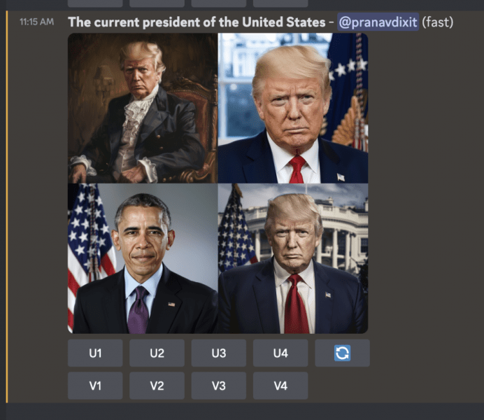 Midjourney is creating Donald Trump pictures when asked for images of “the president of the United States.”